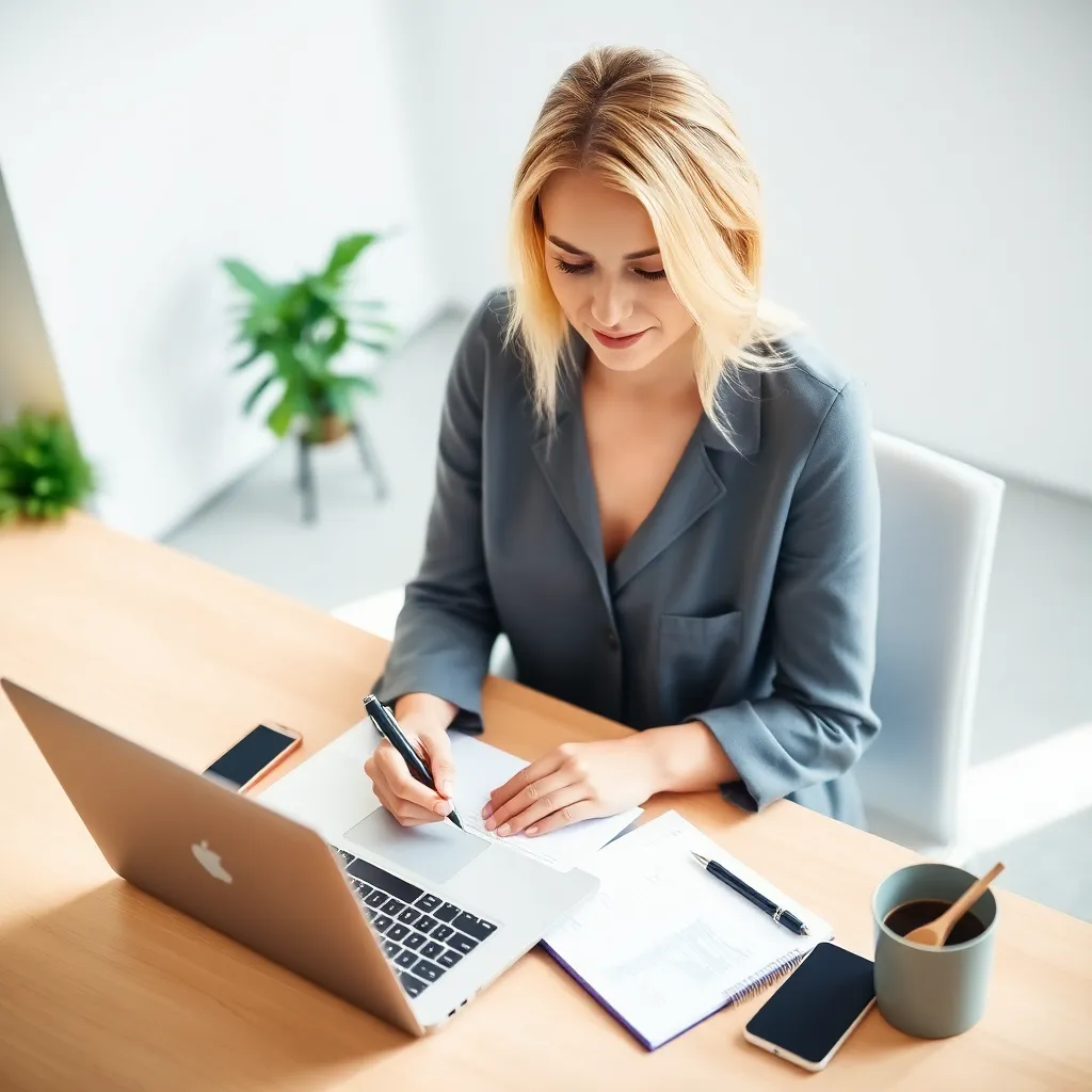 Persoon die een motivatiebrief schrijft naast een laptop