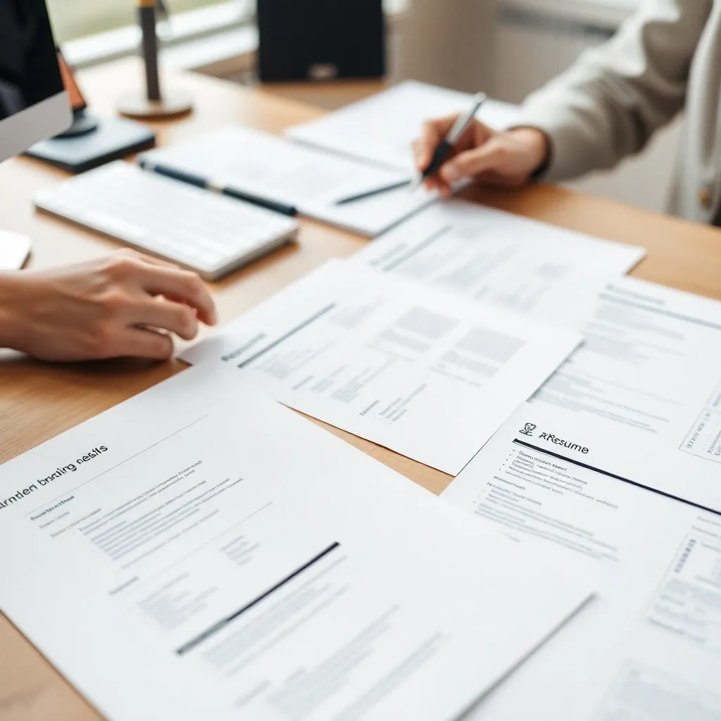 Persoon bereidt zich voor op sollicitatiegesprek met aantekeningen en laptop